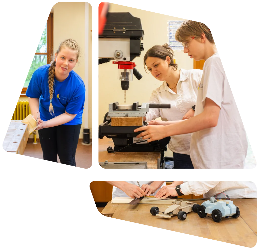 Schulentwicklung zeigt eine Collage aus 3 Bildern, die unsere Schüler:innen während verschiedener Tätigkeiten zeigt.